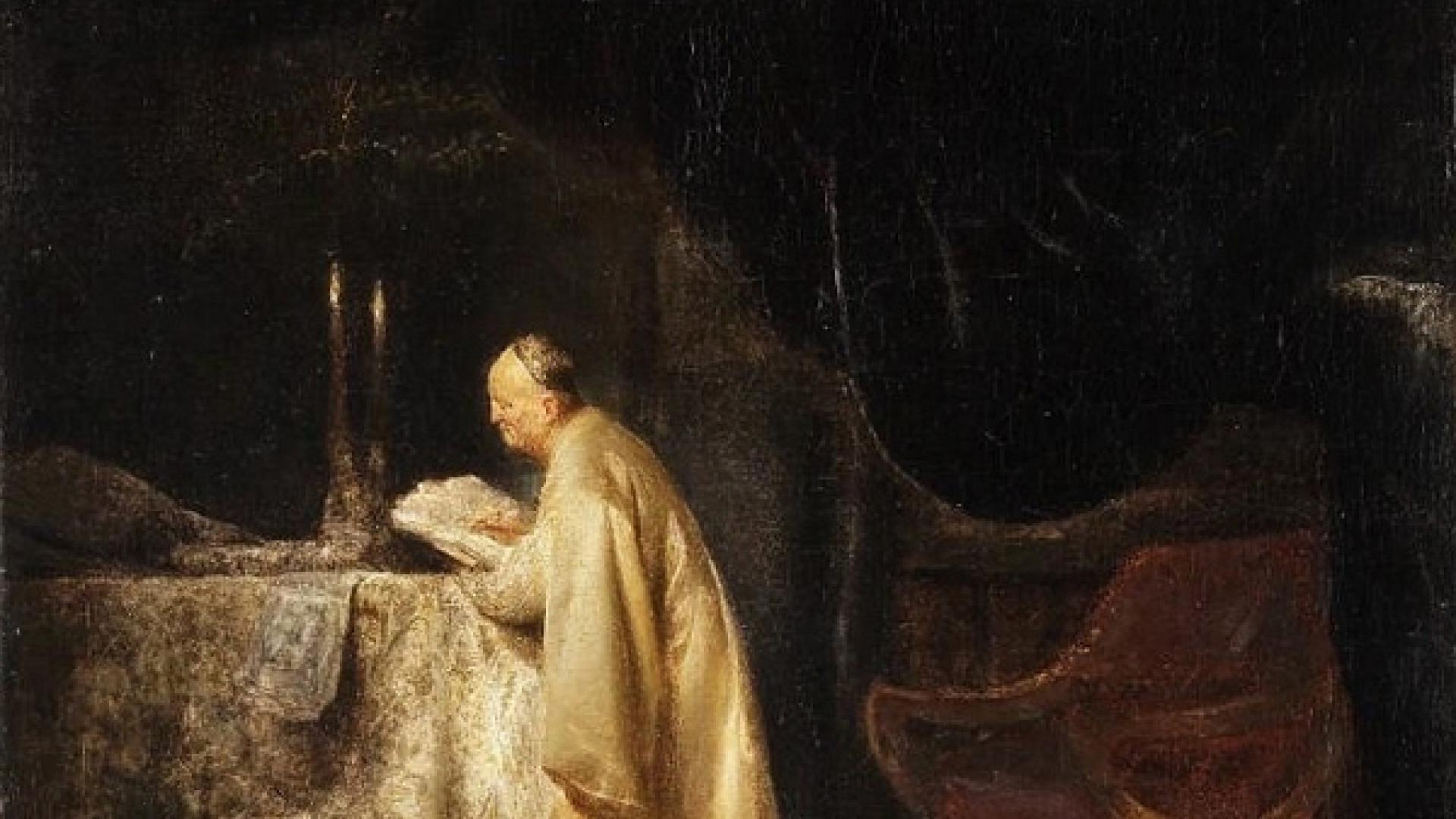 El profeta del Antiguo Testamento Zacarías, de pie en el templo de Jerusalén